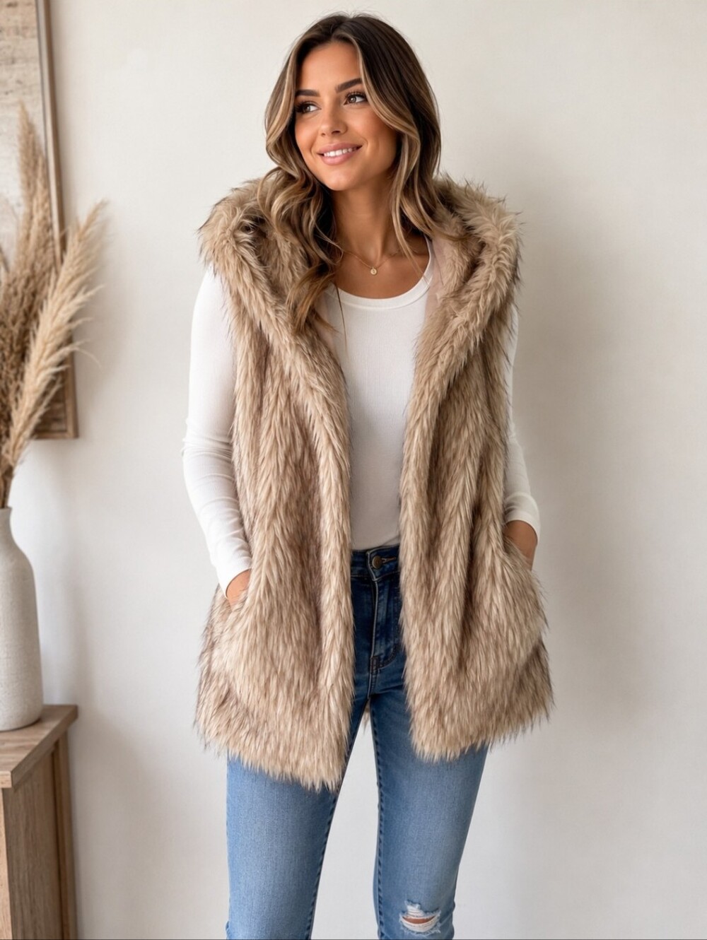 Me Jane Faux Fur Vest Tan Brown Open Front Women's Size Medium Boho Cozy Pockets